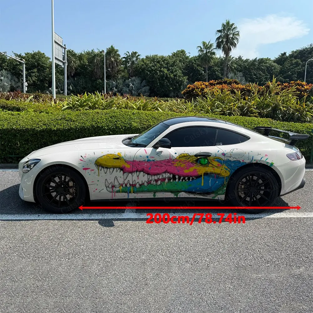 2pcs Graffiti Crocodile with Dripping Car Side Wraps, Self-Adhesive PVC Waterproof & Scratch-Resistant Stickers, Car Accessory