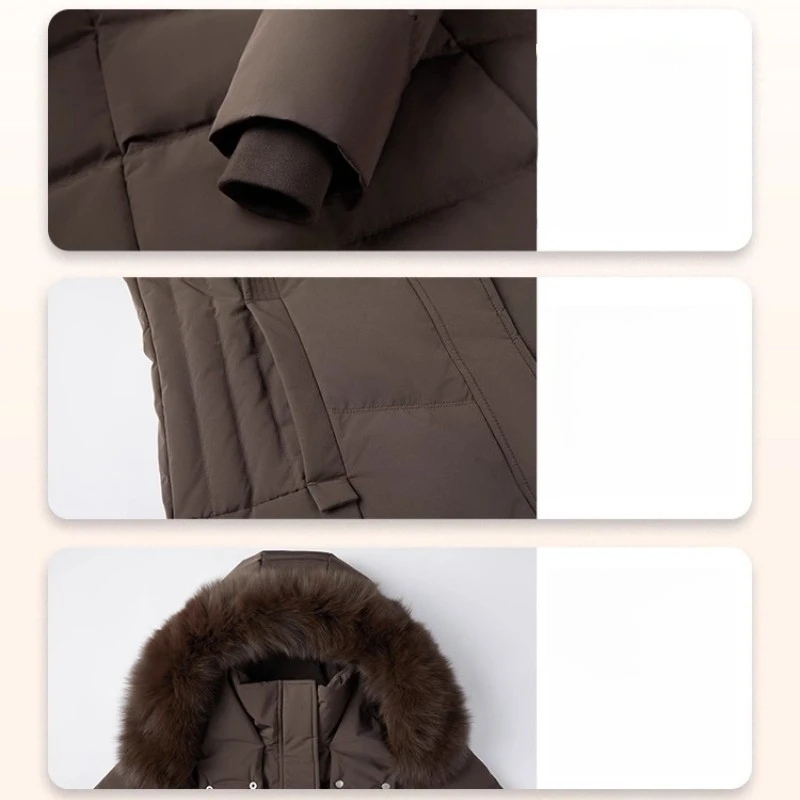 Chericom 롱 여성 겨울 다운 재킷 2025 겨울 솔리드 후드 따뜻한 다운 코트 우아한 통근 모피 트림 여성 코트 Y309215Y