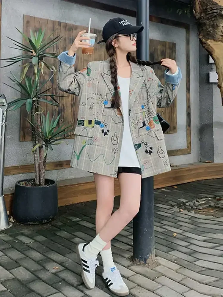High Street Y2K Design Graffiti Plaid Blazer Jacket Loose Tailored Coat Women Casual Funny Cartoon Clothes Harajuku New Autumn