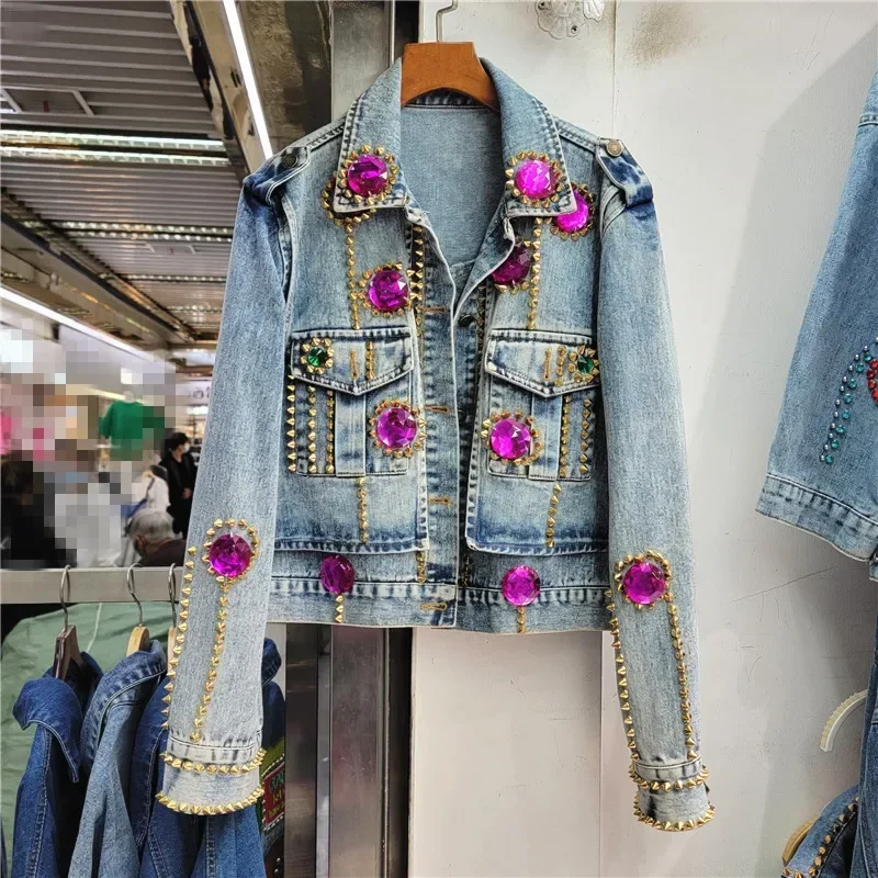 Streetwear diamants Rivet grande poche à manches longues veste en jean femmes décontracté Cowboy vêtements d'extérieur en vrac court jean veste manteau femme