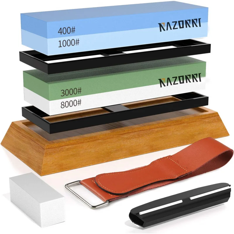 

Sharpening Stone Kit, Double-Sided 400/1000 and 3000/8000 Grit Whetstones, Flattening Stone, Leather Strop, and Angle Guide Incl