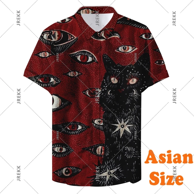 Cat Contrast Color Print Shirt Men's Clothing Harajuku Street Horror Eye Graphic Button Shirts Personality Summer Men Blouse