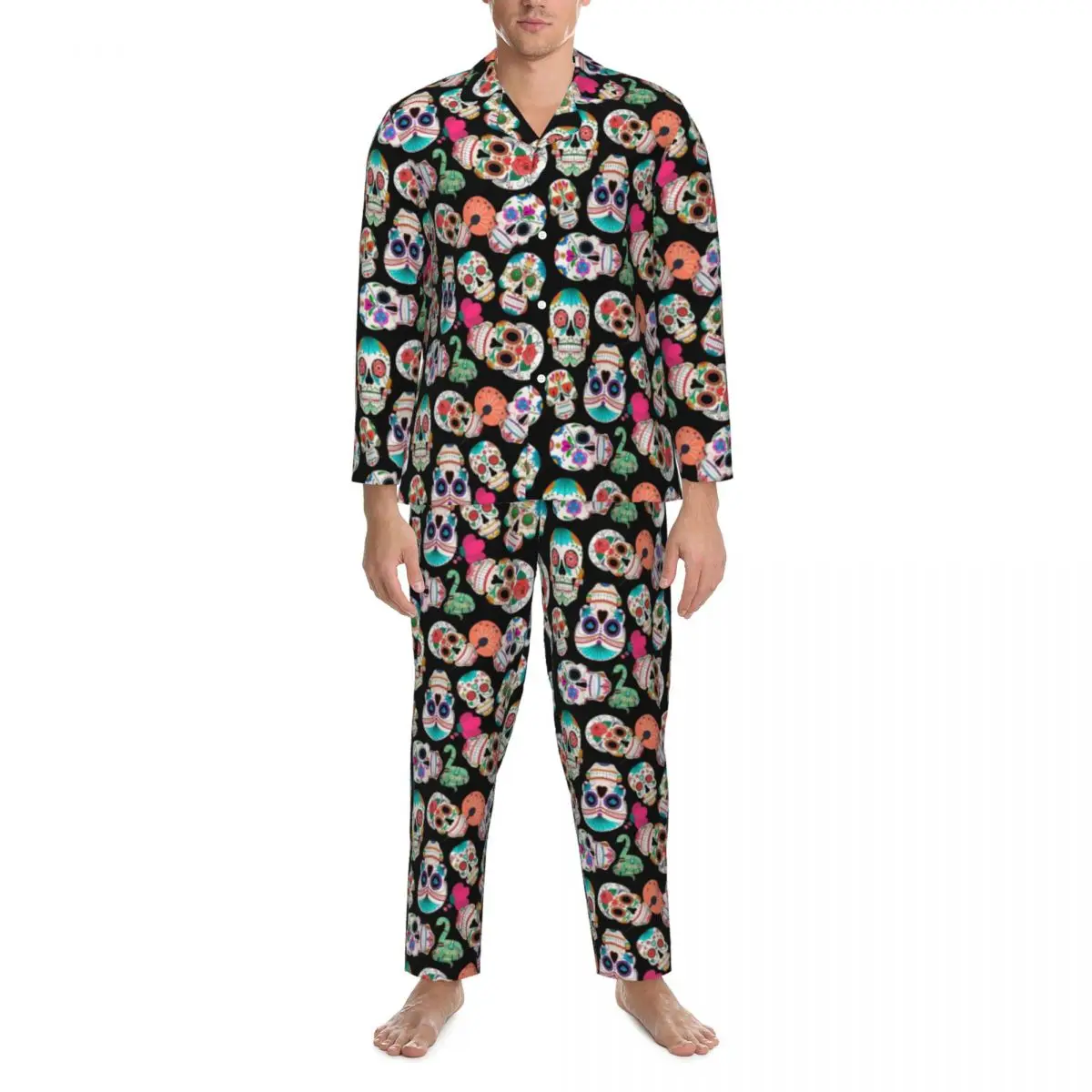 Pyjama Vintage à Manches sulfet Imprimé Floral pour Homme, Ensemble de Vêtements de Nuit Confortables, Crânes Colorés, Crâne de Sucre Mexicain, 2