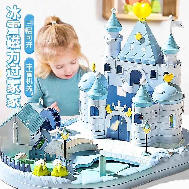 Children's new Princess Elsa magnetic play house toy simulation surprise city castle girl Elsa doll house