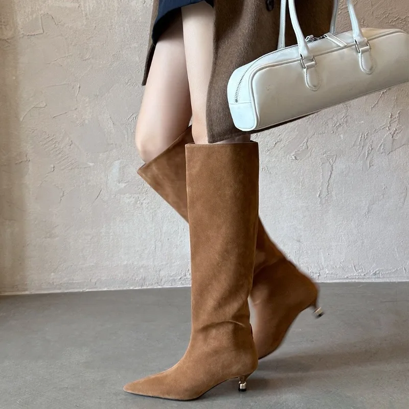 Fashion Retro Minimally Pointed Suede slim High Heels Knight Boots slip-on Knee-high Women's Shoes Pumps Botas De Mujer