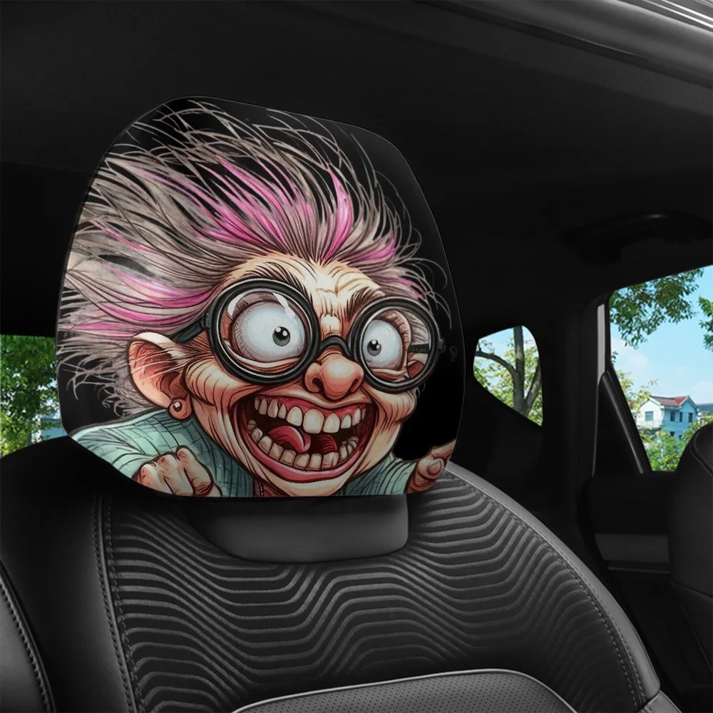 Cartoon Grumpy Old Lady Print Car Headrest Covers, Durable & Protective, Must-Have Car Interior Decor Headrest Covers