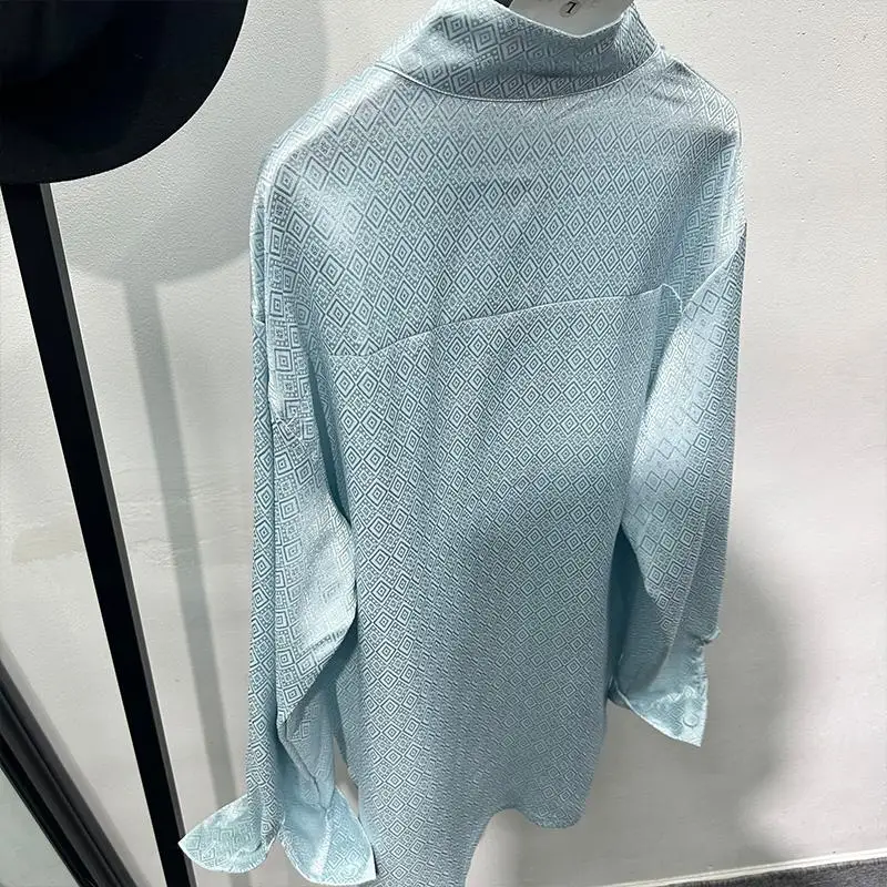 New Chinese Style Dark Pattern Stand Collar Long-Sleeved Shirt Men's Retro Blue Draping Non-Ironing Casual Loose Top