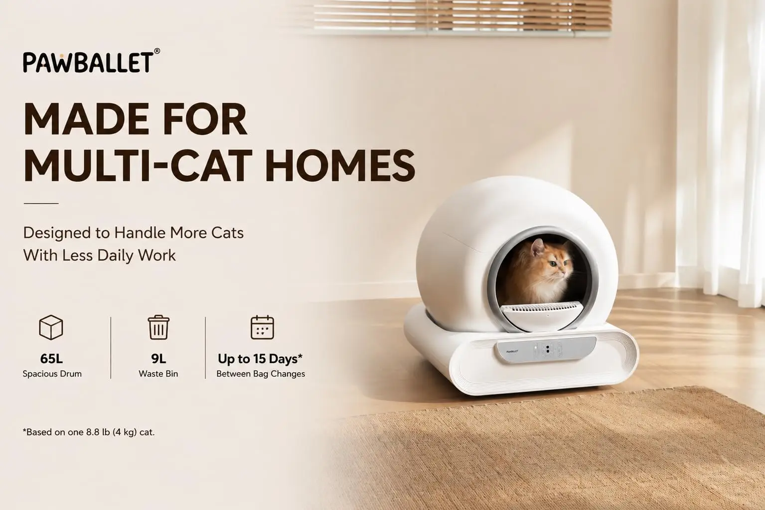 Auralis Haven Self-Cleaning Cat Litter Box, 65L Automatic Litter Box for Multi-Cat Homes, Low-Entry Design