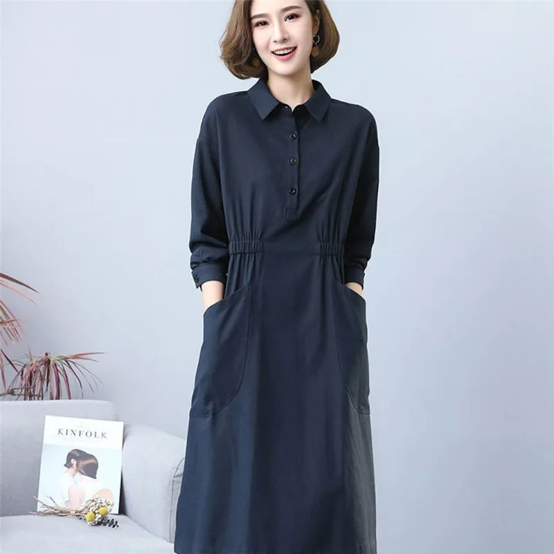 Fashion Cotton Linen Dress Female 2024 Spring Summer Autumn New Shirt Dresses Thin Elastic Waist Women's Dress Vestidos