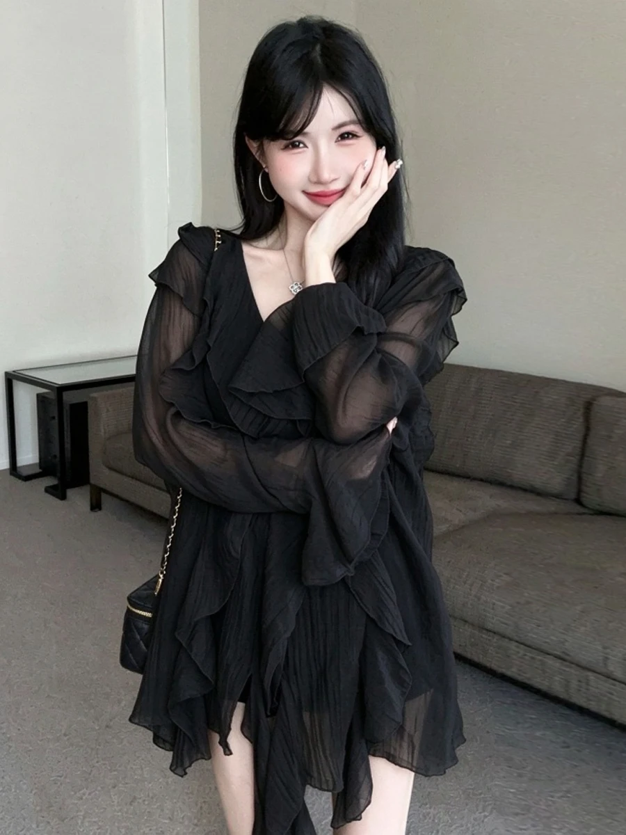 Commute Style Loose Fit Shirt with Bell Sleeves And Ruffle Design Micro Transparent Slimming Design V-Neck Mid-Length Top