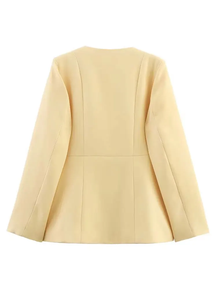 เสื้อเบลเซอร์สีเหลืองสำหรับผู้หญิงแฟชั่นฤดูใบไม้ร่วง แขนยาว คอทรงโอ กระดุมแถวเดียว สไตล์ลำลอง เหมาะสำหรับใส่ทำงาน ให้ลุคสง่างาม