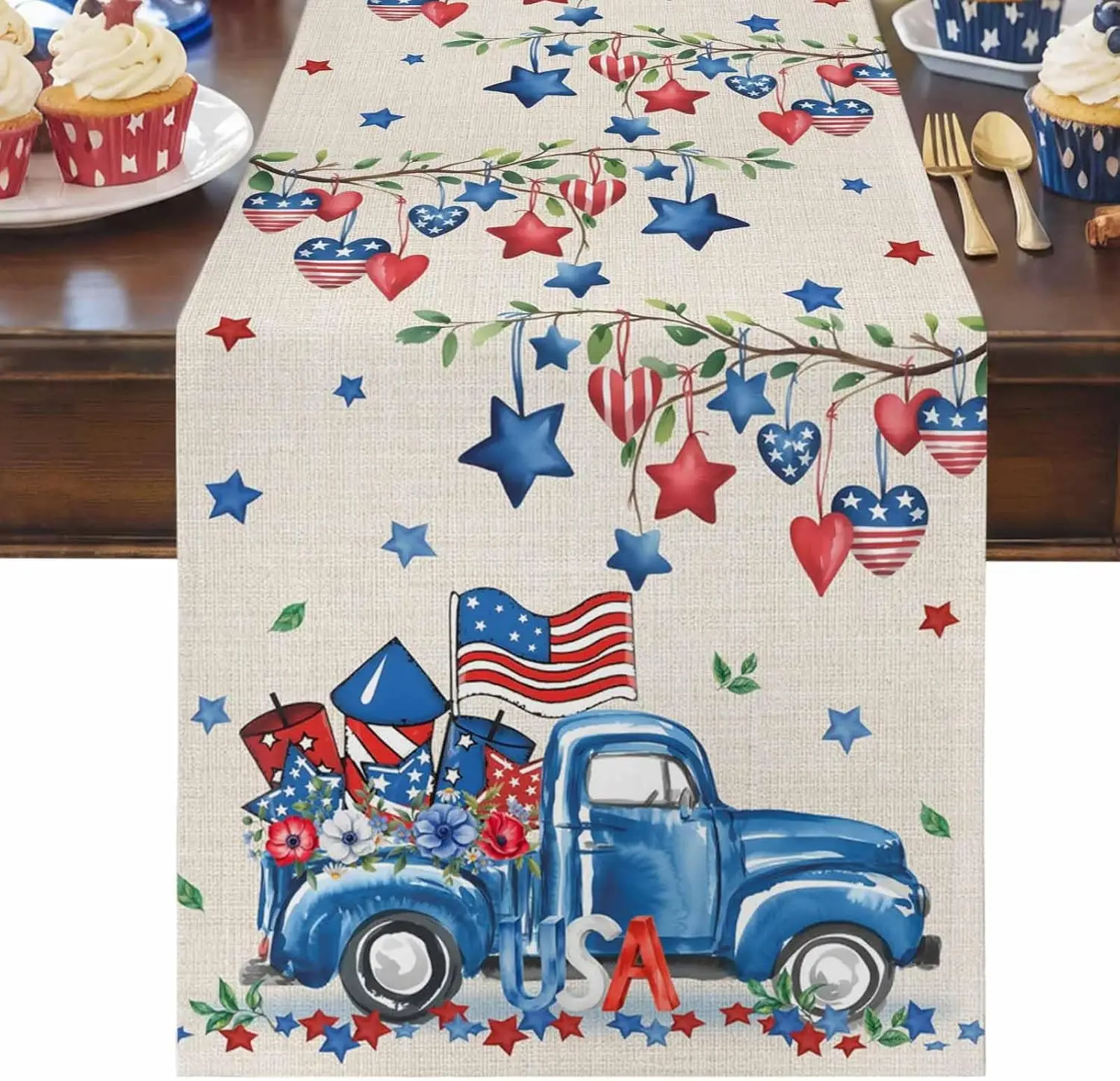 American Flag Truck Independence Day Linen Table Runner Home Table Decor Reusable Kitchen Dining Table Runner Party Decor