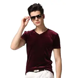 Men Vintage Velour T-Shirts 2024 Spring Summer Men's Solid Short Sleeve V-neck Velvet Tops Plus Size 5XL 6XL 7XL Black Blue Wine