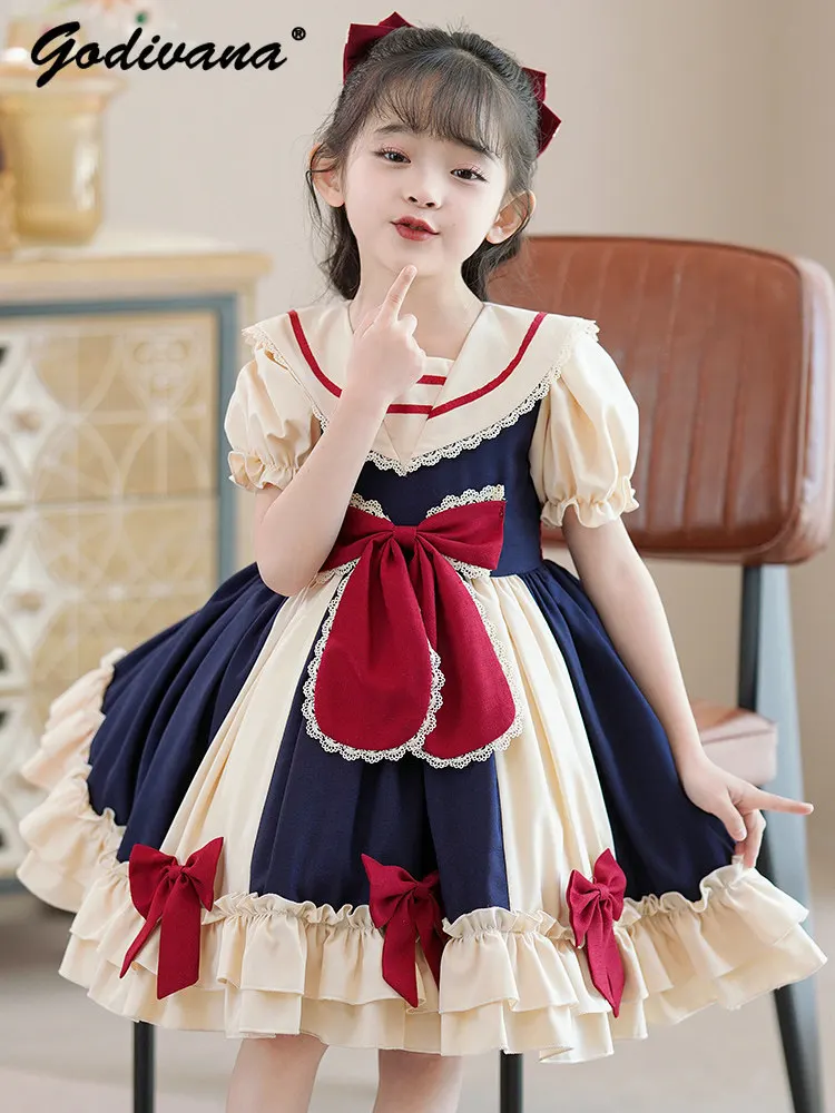 Sweet Baby Girls Elegant Lolita Princess Dress 2026 New Summer Kids Cute Bow Lace Trim Puff Sleeve High Waist Color Block Dress
