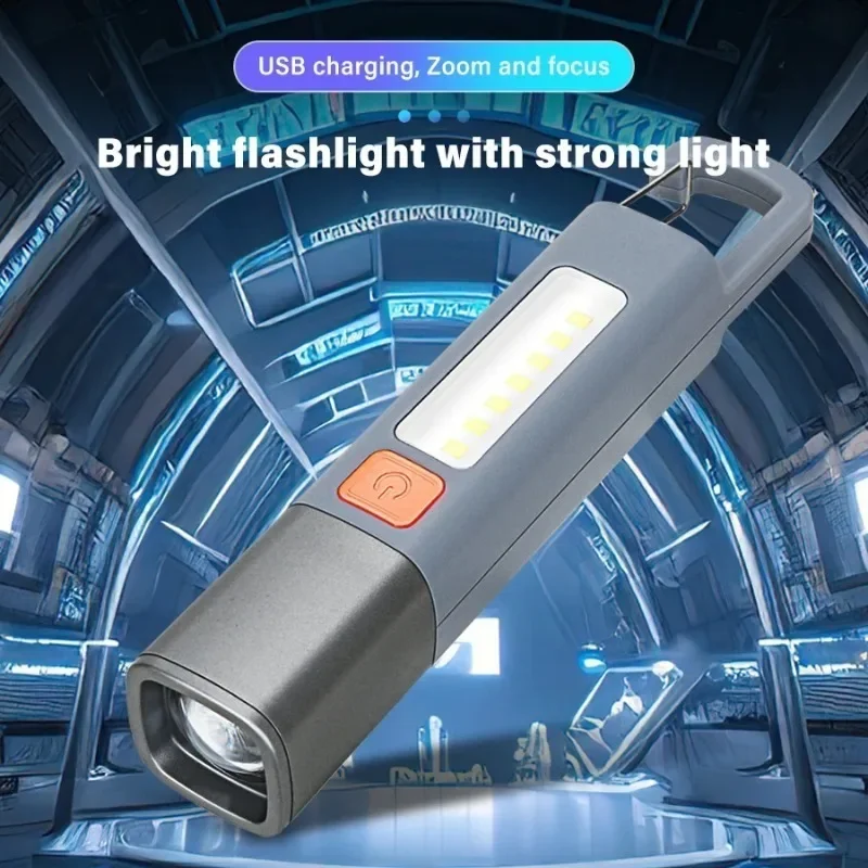 Mini Portable Buckle Flashlight Built-in Battery COB Side Light Telescopic Zoom Torch USB Charging Life Waterproof Camping Light