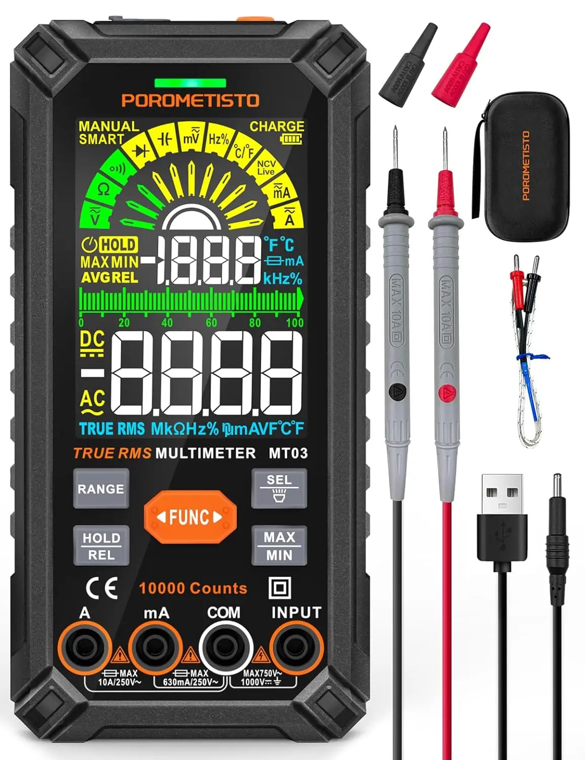 

Digital Multimeter Tester, 10000 Counts Rechargeable Auto-Ranging Voltmeter with Dual Fuse Protection and Foldable Stand
