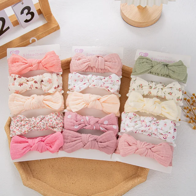5 sztuk/zestaw solidna muślinowa bawełniana lniana opaska dla dzieci elastyczna opaska do włosów z uszami królika niemowlę dziewczyna Turban Headwraps rozciągliwe akcesoria