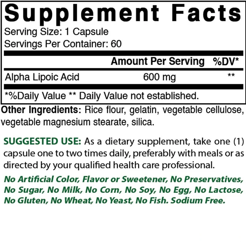 Alpha Lipoic Acid 600mg 60 Capsules - ALA Strong Antioxidant