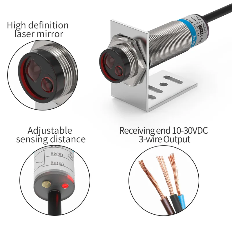Laser Photoelectric Sensor Retro-reflective M18 Series 10-30V NPN PNP Visible Spot 2mm Sensing Distance 8M Adjustable