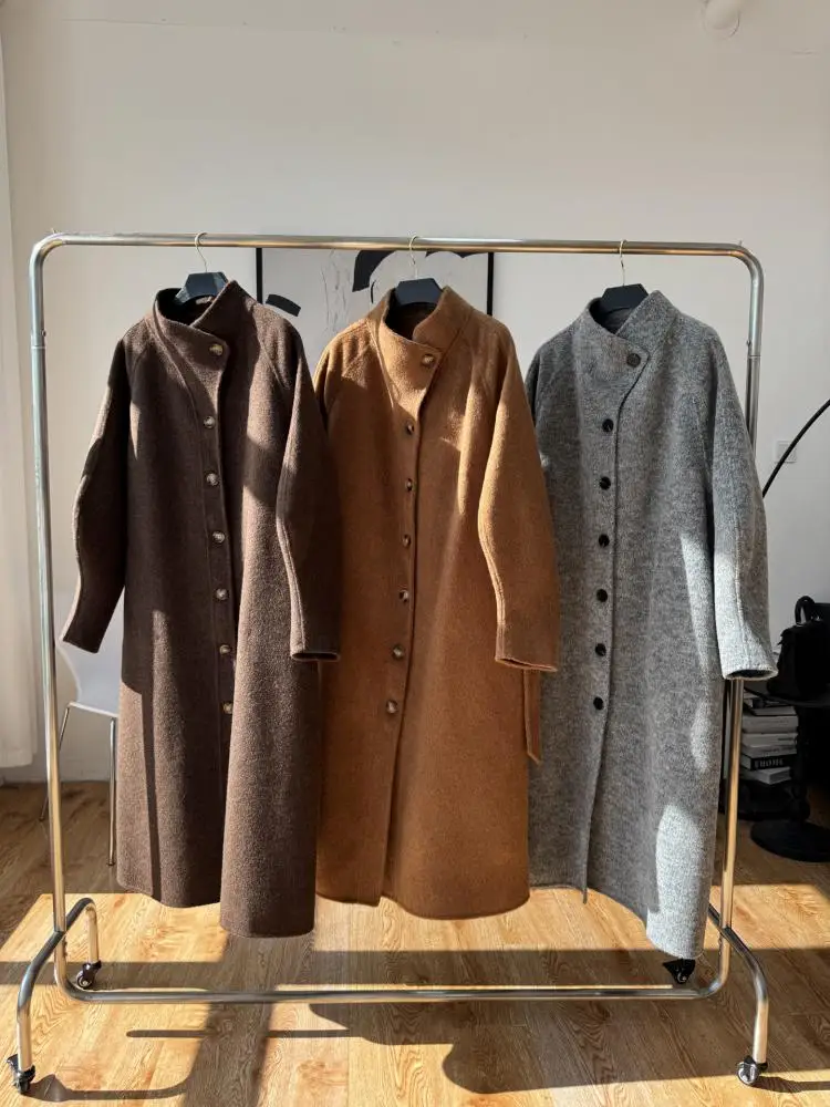 Bürodame einreihige Wolljacken 2025, Herbst- und Winteranzugkragen, Schnürung, lockere lange Damenmäntel aus 100 % Wolle