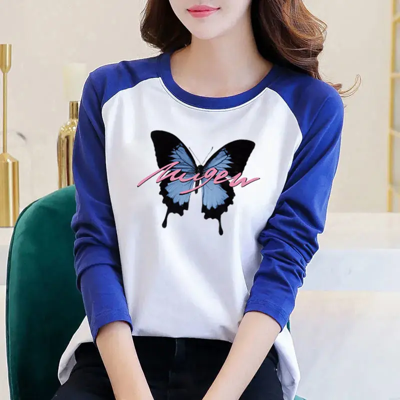 

Women Butterfly Printed Pure Cotton T-shirt Autumn Basic Contrast Style Long Sleeve Top O-neck Chic Y2k Casual Loose Pullovers