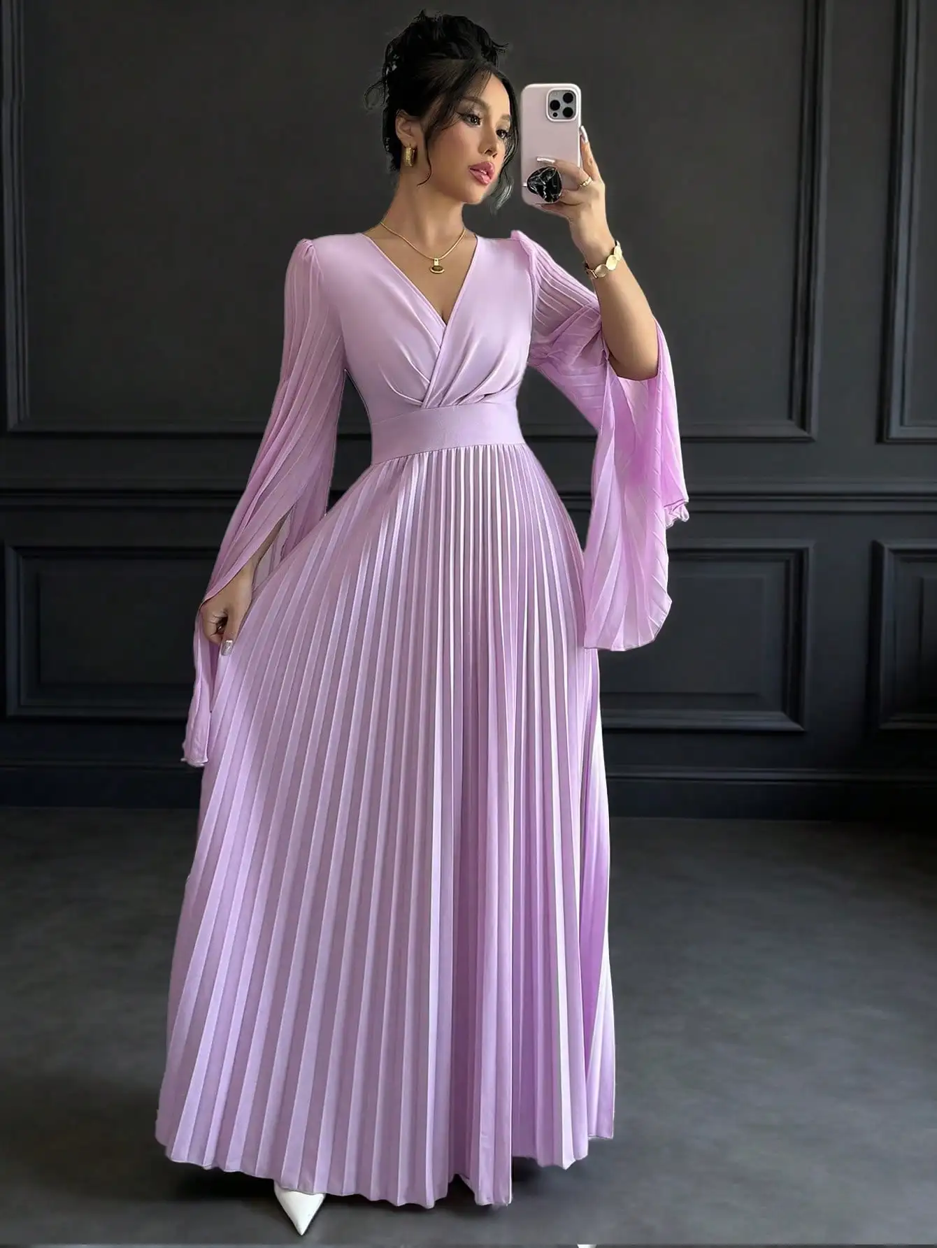 

Элегантное романтичное женское платье макси с V-образным вырезом, плиссированными рукавами и открытой спиной, осенняя одежда для женщин