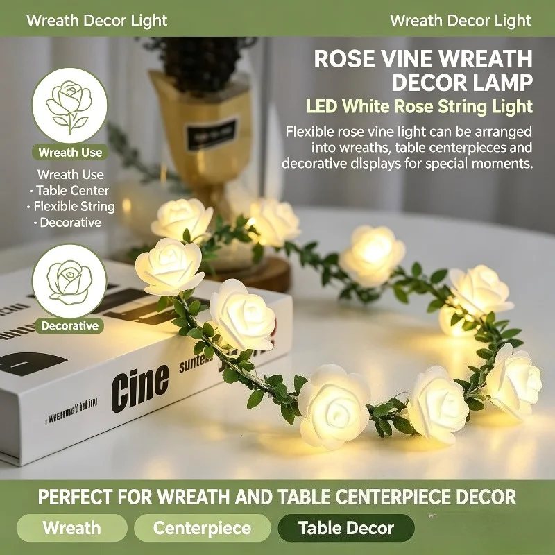 LED White Rose String Lights Battery Powered Night Light Warm Green Vine Garland for Wedding Party Wreath Bedroom Decoration