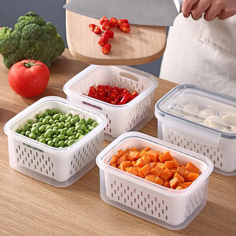 Refrigerator Storage Box Fridge Organizer Fresh Vegetable Fruit Boxes Drain Basket Storage Containers Pantry Kitchen Organizer