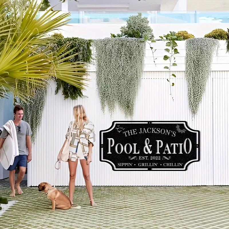 Jackson Pool & Courtyard Custom Metal Sign Classic Style Reusable Wall Decor Durable Outdoor Backyard Pool Area Sign for Perfect