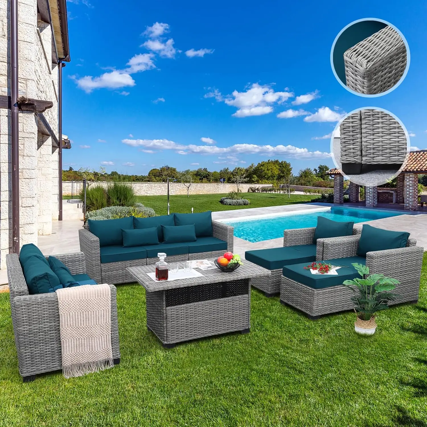 Rattaner Patio 7-Piece Outdoor Furniture Sets Patio Couch Chairs Storage Table Non-Slip Cushions Waterproof Covers Peacock Blue