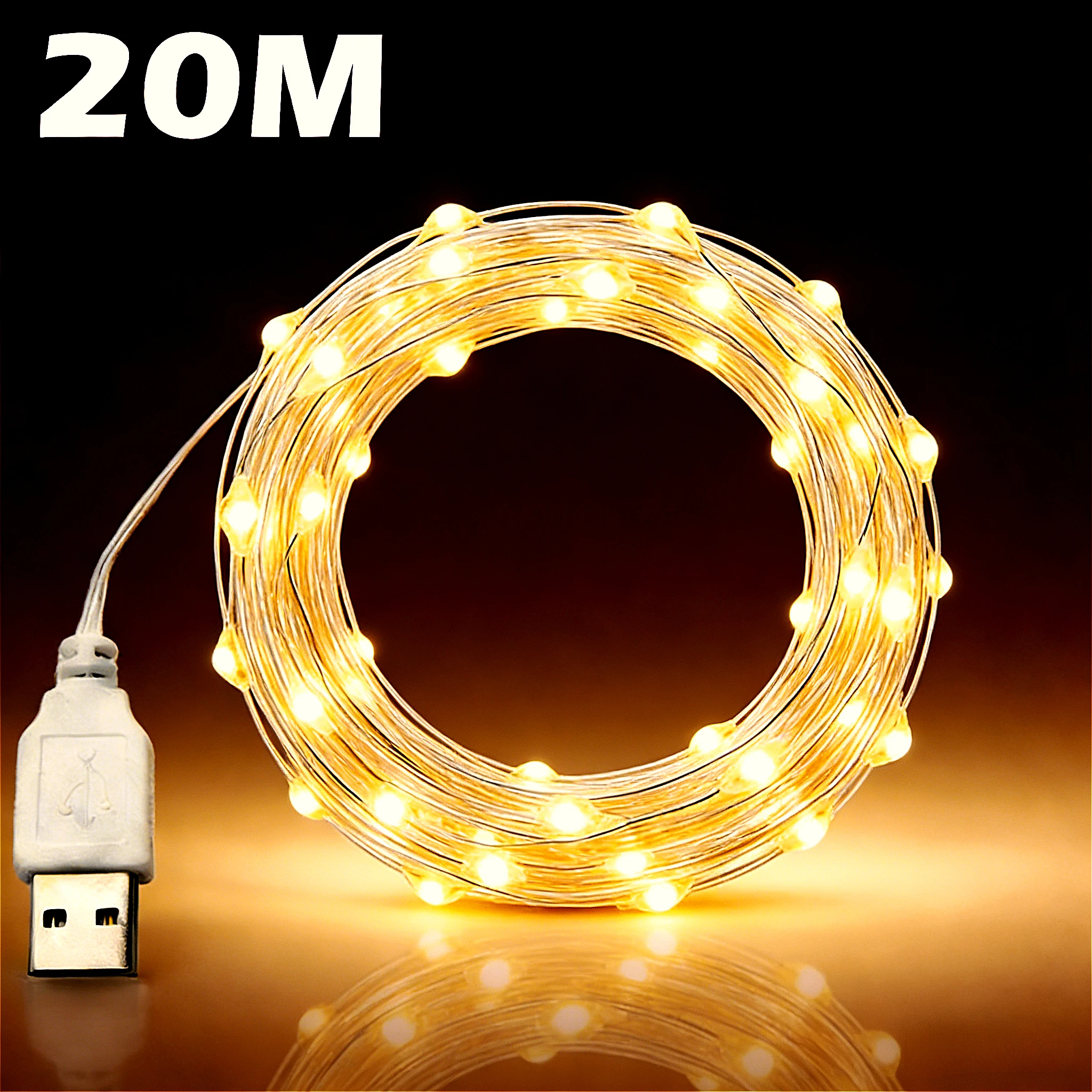 20meter USB Led Fairy Lights Copper Wire String 200LED Holiday Outdoor Lamp Garland For Christmas Tree Wedding Party Decoration