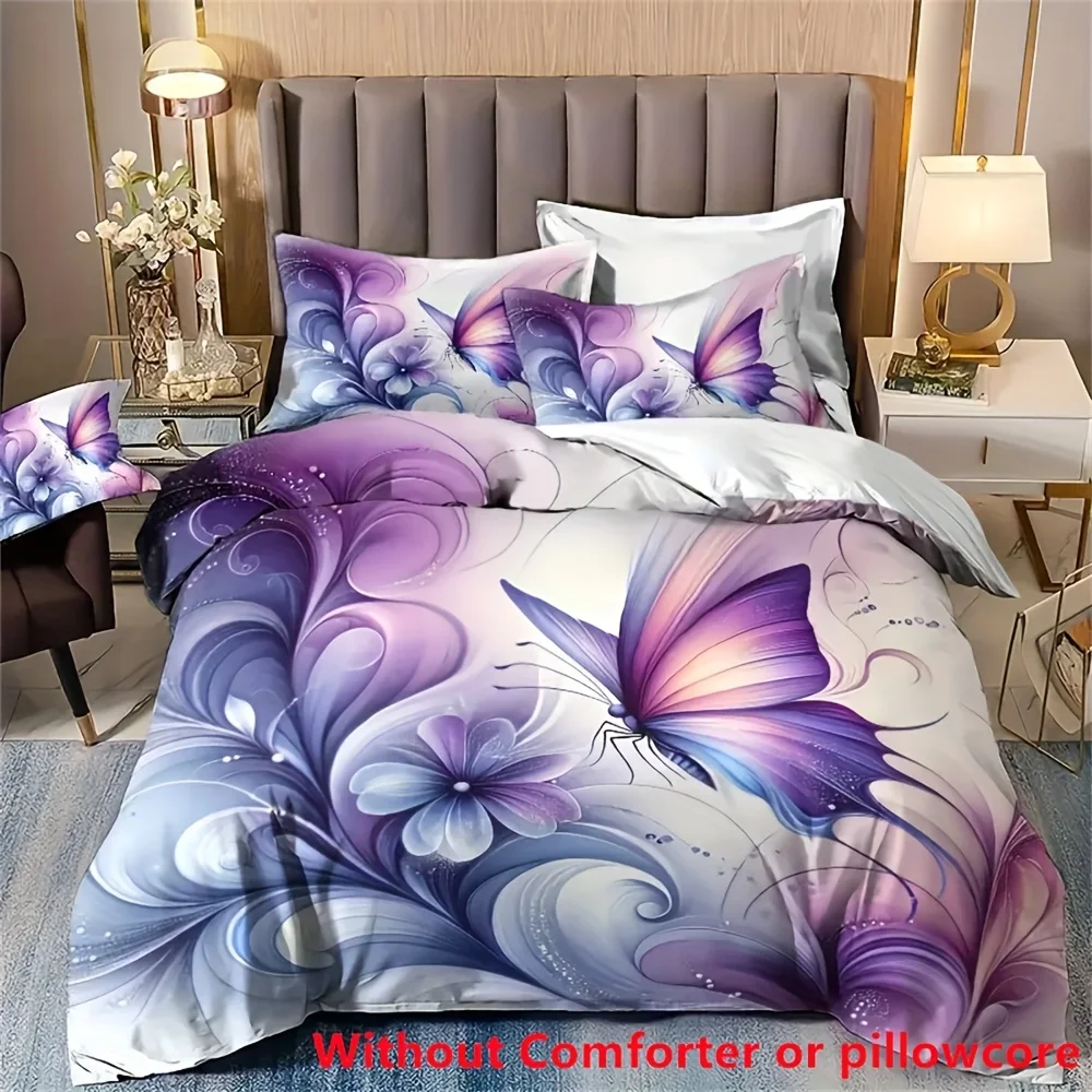 

2/3pcs Dreamy Blue and Purple Butterfly and Flower Print Duvet Cover Set (1 Duvet Cover + 1/2 Pillowcase, Without Core), Soft