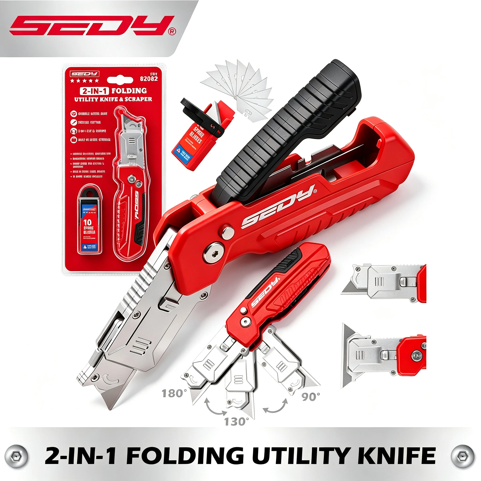 SEDY 2‑In‑1 Folding Utility Knife Scraper, SK5 Blades with 10 Spare Blades, All‑Metal 3‑Angle Locking Box Cutter