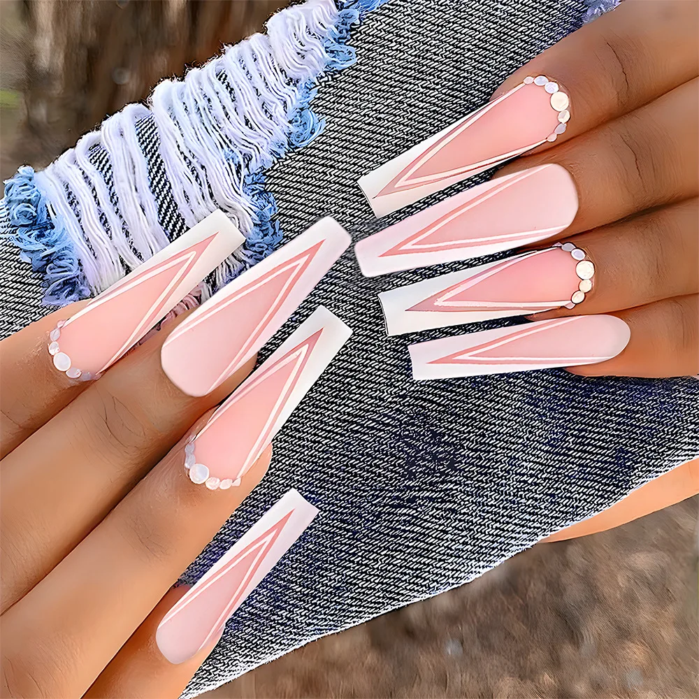 

24Pcs Long French Ballet Fake Nails Press on White Pink Geometry Design Full Cover False Nails Tips Rhinestone Reusable Manicure