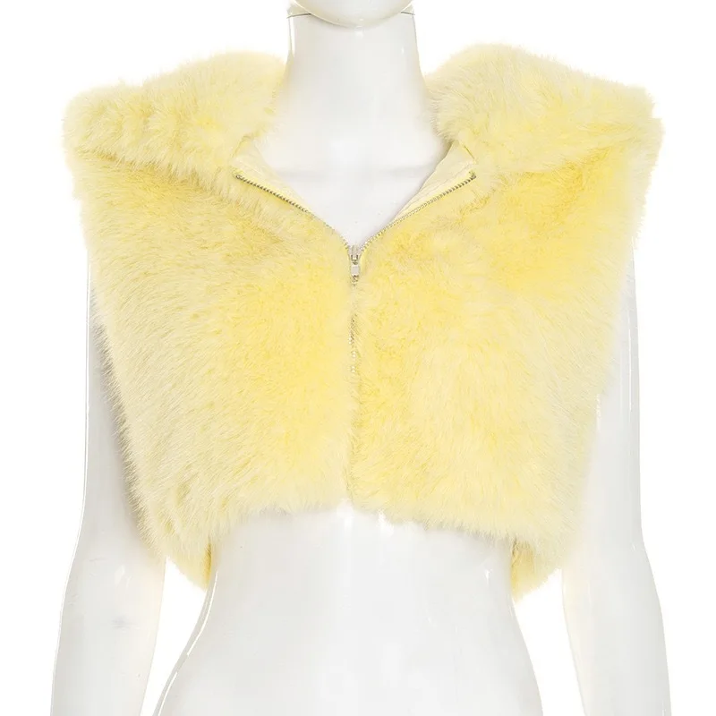Women's Fashion Solid Color Fur Zipper Hooded Sleeveless Crop Top Short Jacket