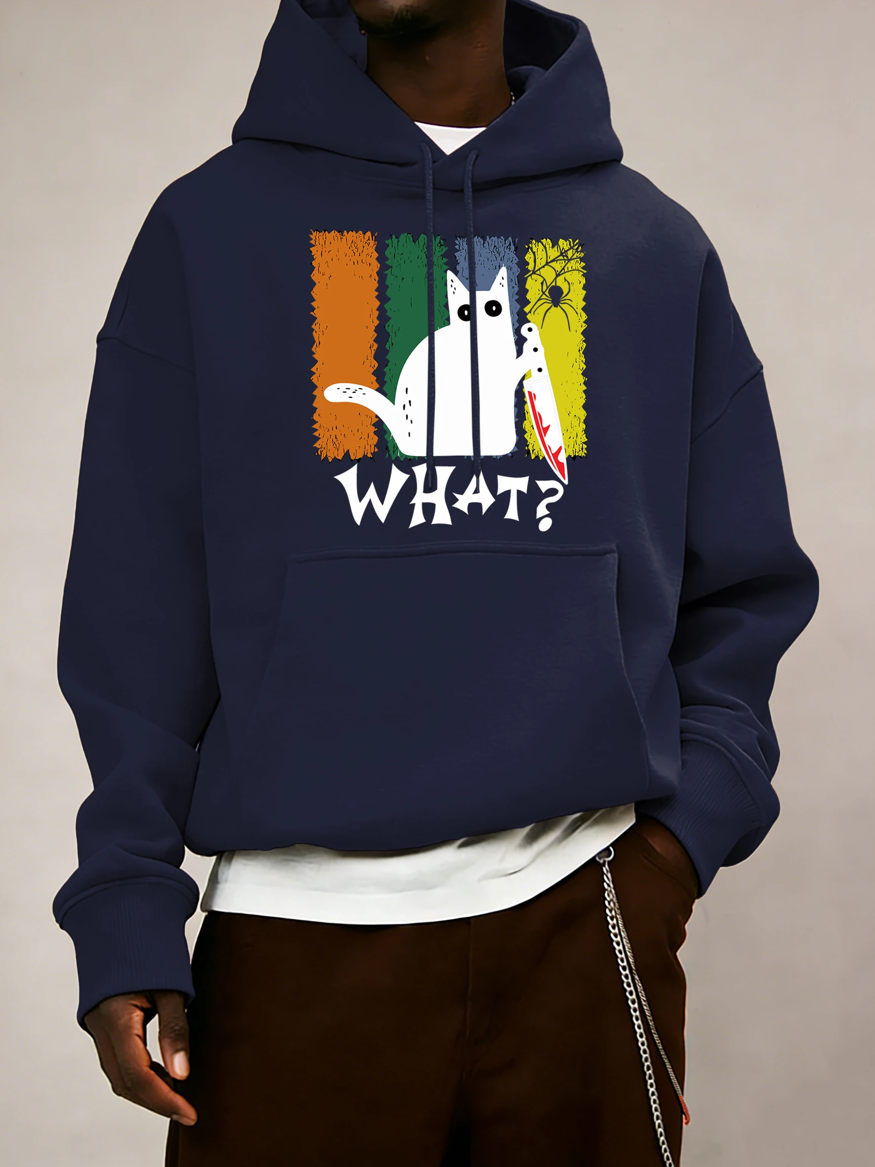 Doubtful Cat Handing Knife Pattern Herren Street Trendy Basics Hoodies Casual All-Match Langarm Hip Hop Fleece Unisex Pullover
