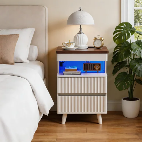 /2 Drawers And Open Shelf,Side Table For Bedroom /Modern Bedside Table With Gun Drawer,Bedside Table With Charging Station,