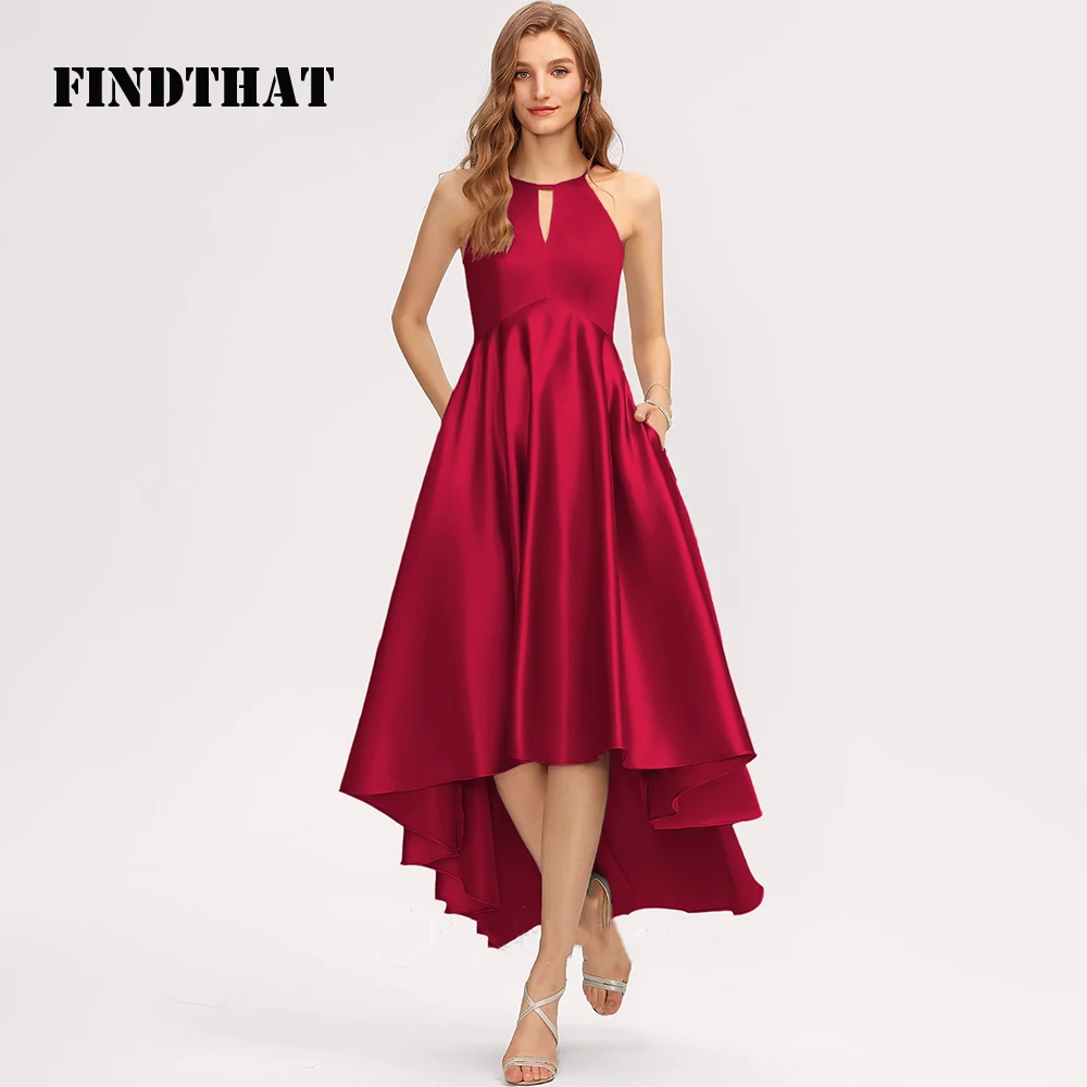 

Findthat Simple Halter Sleeveless Bridesmaid Dresses for Wedding 2024 Asymmetrical Ankle-Length Satin A-Line Cocktail Party Gown