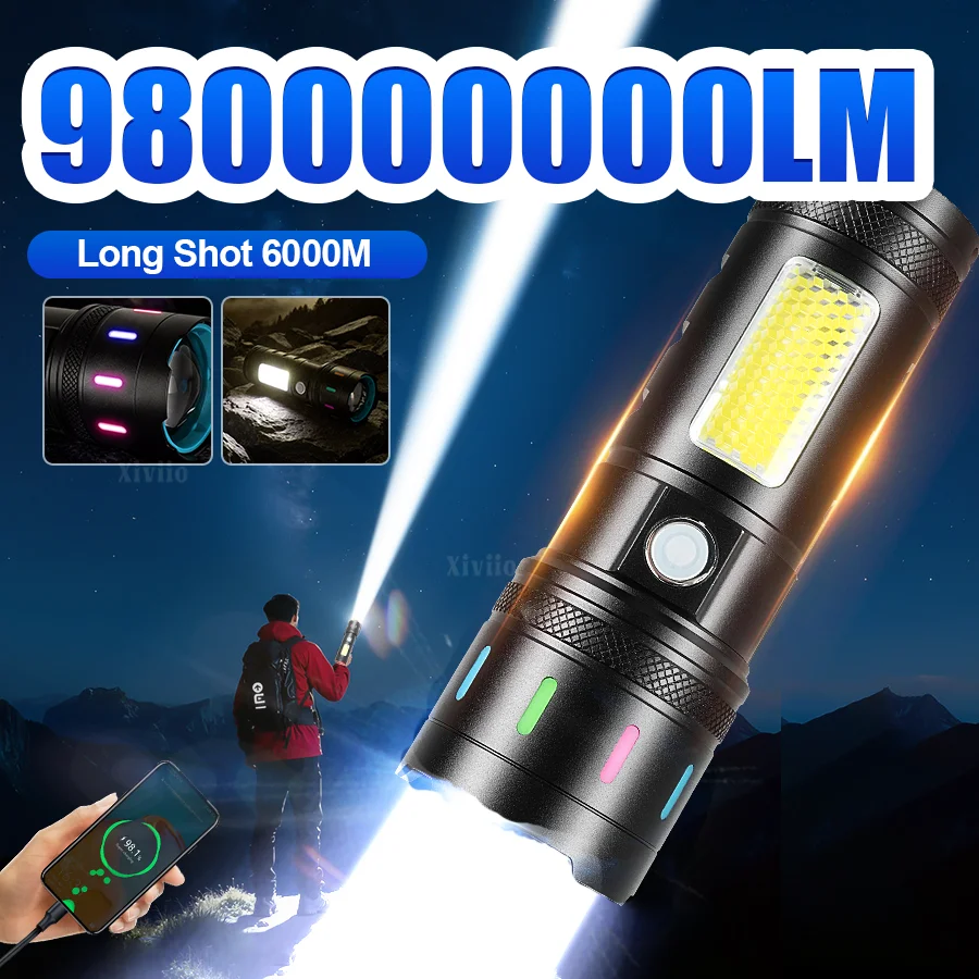 980000000LM Ultra Bright Flashlight Rechargeable Long Shot 6000M Tactical Torch High Strong Power Led Lantern Outdoor Fishing