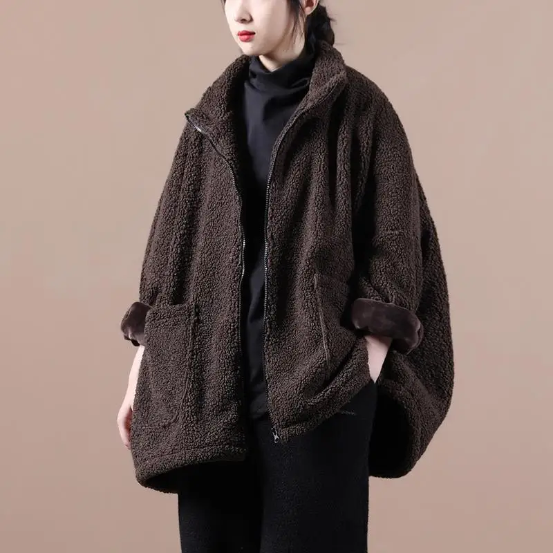 

Женская зимняя куртка из меха ягненка, свободный открытый кардиган с воротником-стойкой, модное корейское пальто средней длины