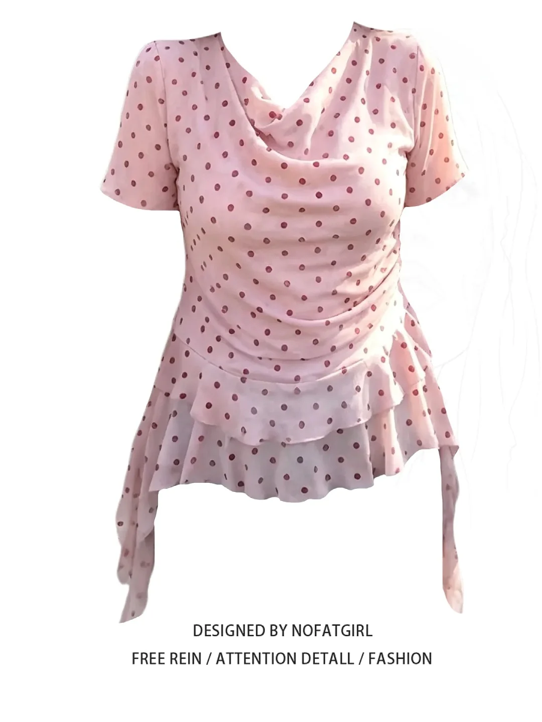 

plus Size Women's Pure Desire Polka Dot Asymmetrical Hem Short Sleeve Shirt Summer New Style Beautiful Top Korean Style Commu...