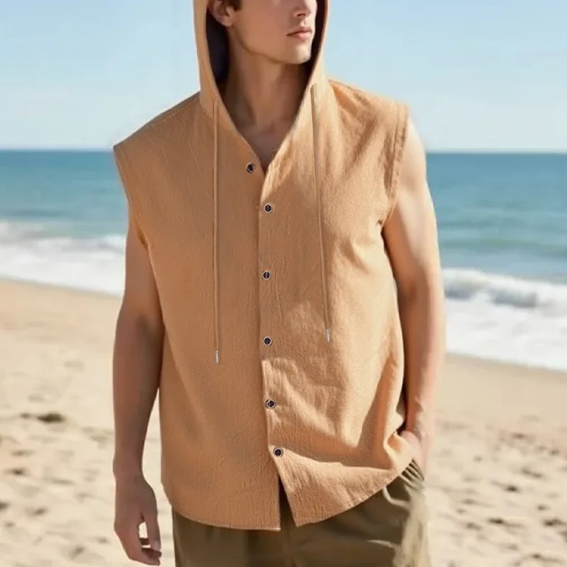 2026 New Summer Men's Casual Solid Linen Hooded Sleeveless Shirt