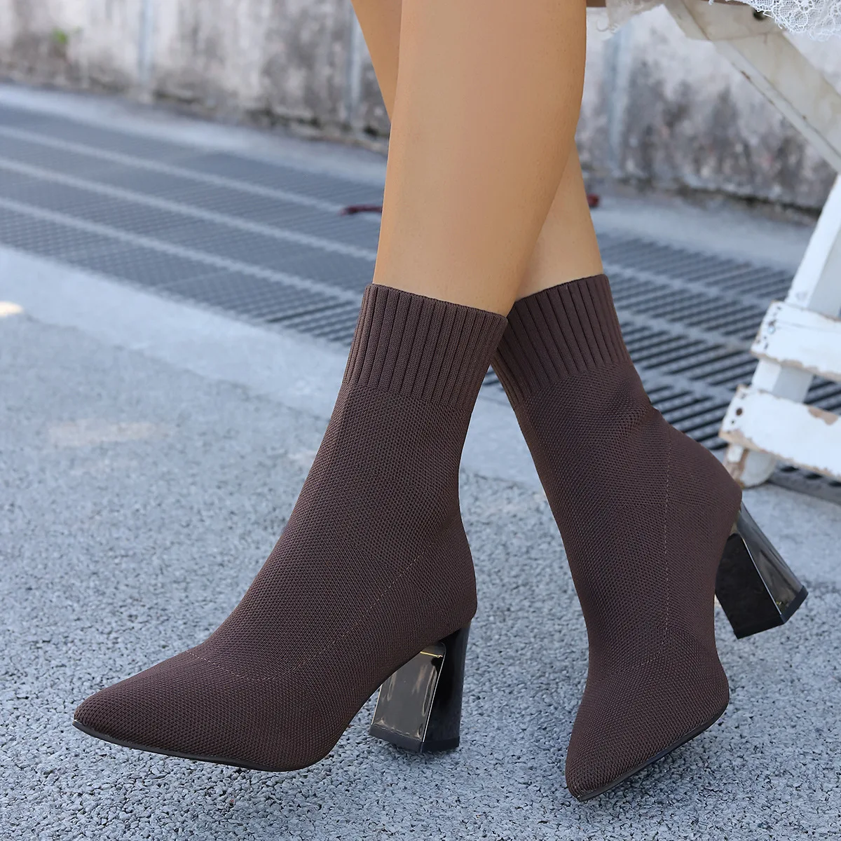 

Women's high heel ankle boots, knitted autumn and winter new style single boots, sock boots, thick heel stretch boots