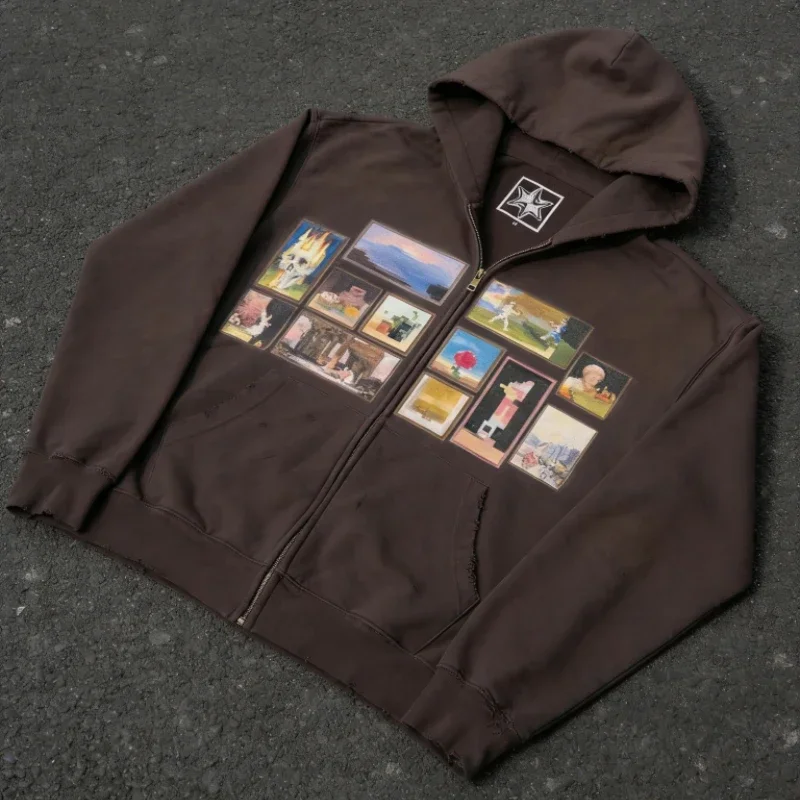 Y2K Retro Brown Washed Hoodie Pixel Paint Print Gallery Zipper Sweatshirt Trendy Distressed Streetwear Unisex Oversize Clothing
