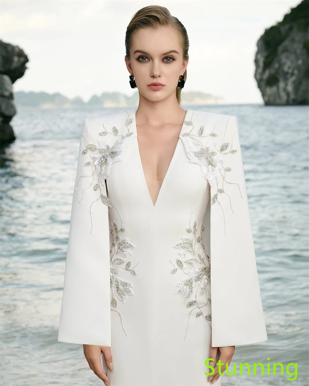 맞춤형 절묘한 화이트 저지 이브닝 드레스 v 넥 3/4 슬리브 연예인 가운 맞춤형 행사 가운 아플리케 고품질