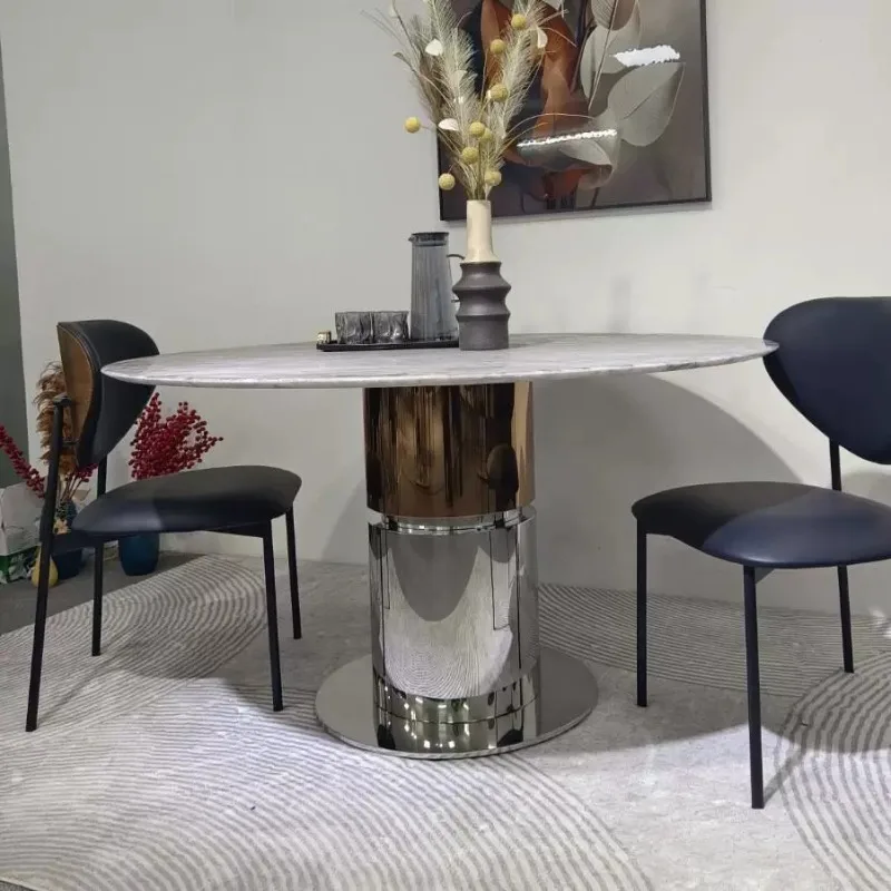 Italian minimalist natural marble round five stainless steel round dining table