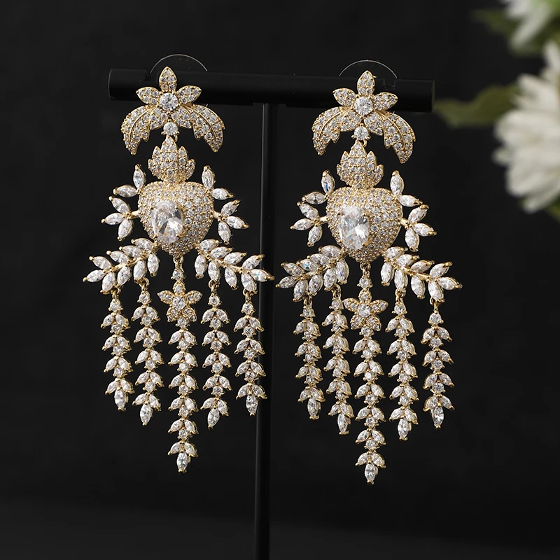 

Luxury Long Tassels Bough Heart Dangle Earrings For Women Wedding Cubic Zircon Crystal CZ Dubai Indian Bridal Earrings A0178