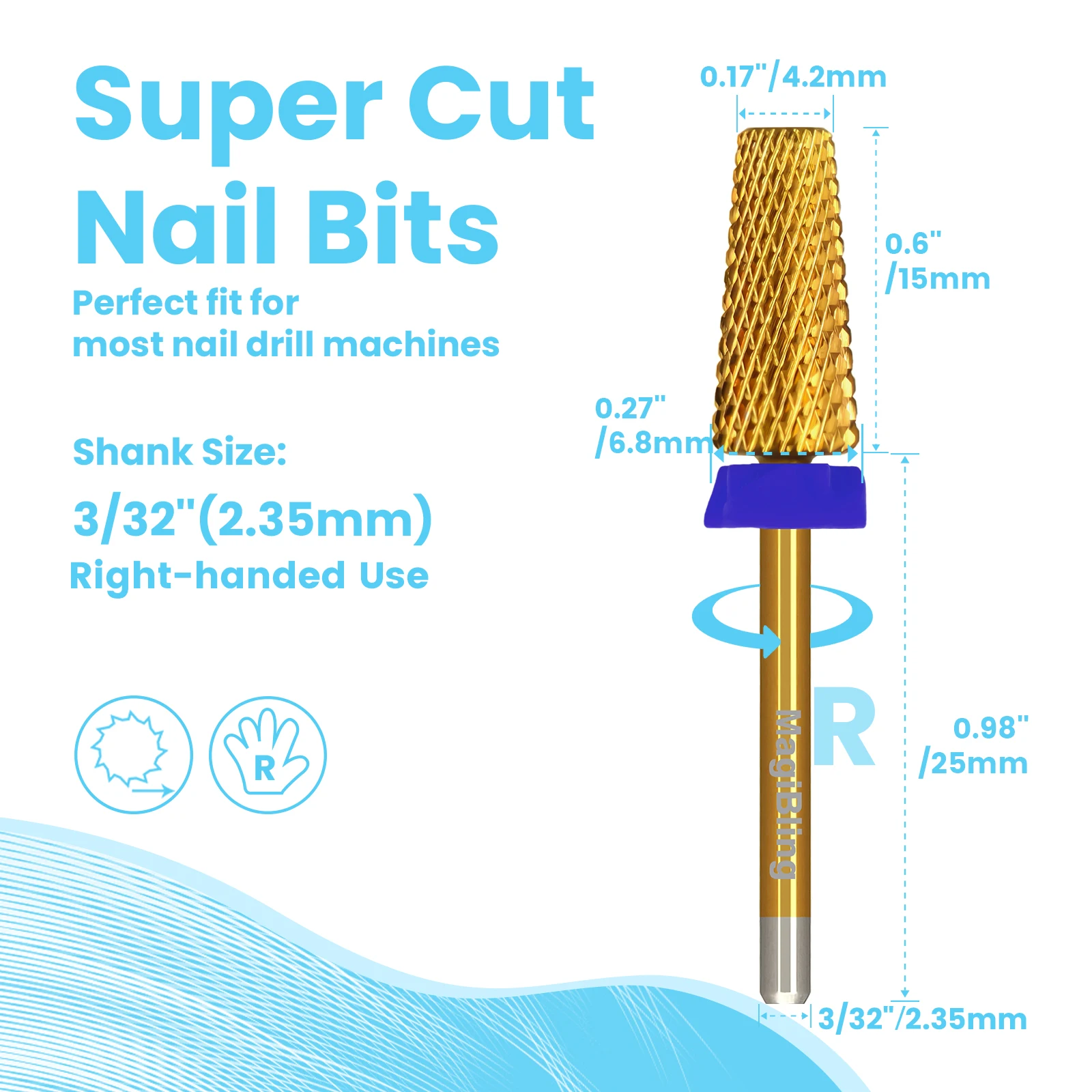 MagiBling Small Barrel Nail Drill Bits Carbide Professional Bit Super Cut for Hard Gel Polishing Removal Tools 3/32''