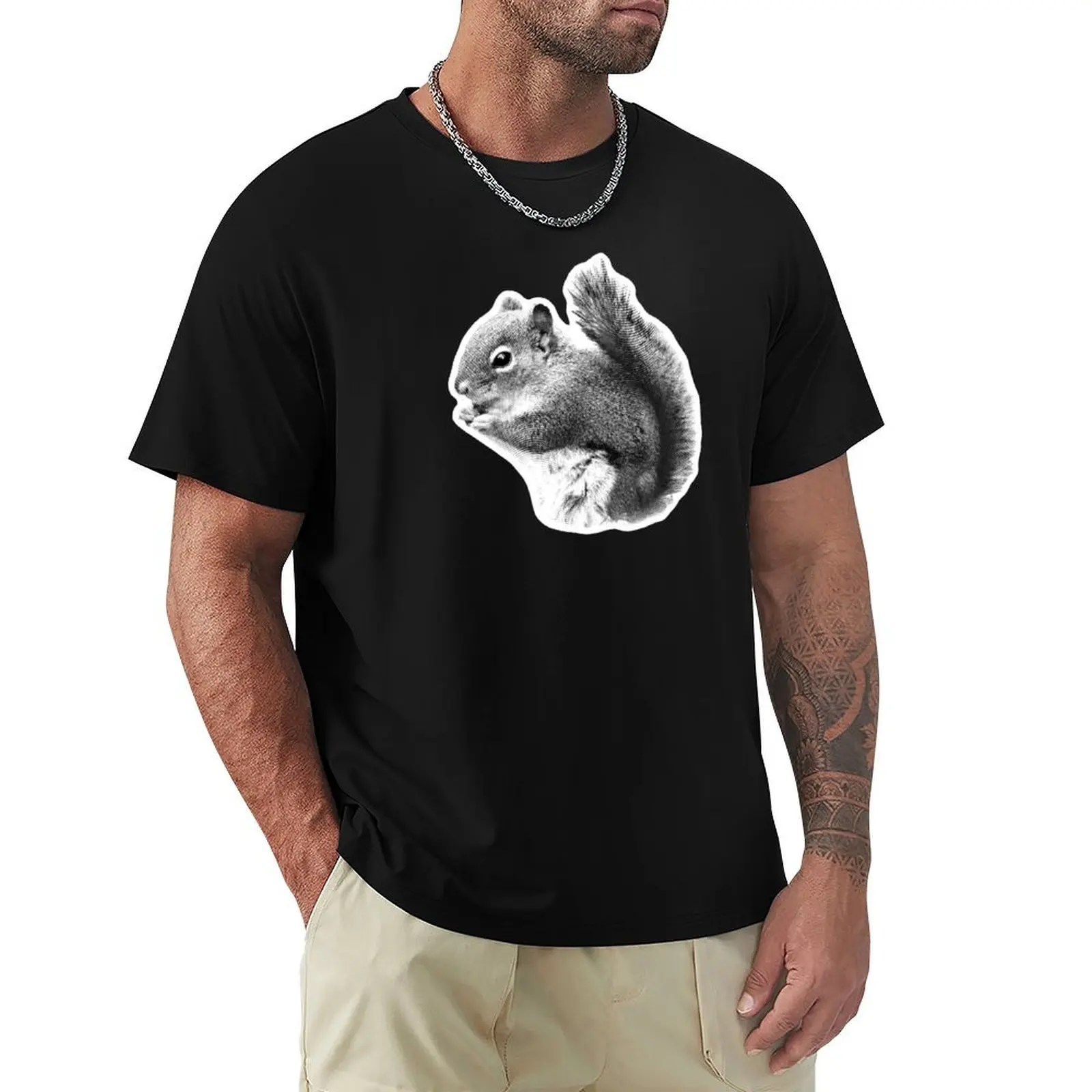 Cute Squirrel Munching T-Shirt Simple Solid Color Crew Neck Tee