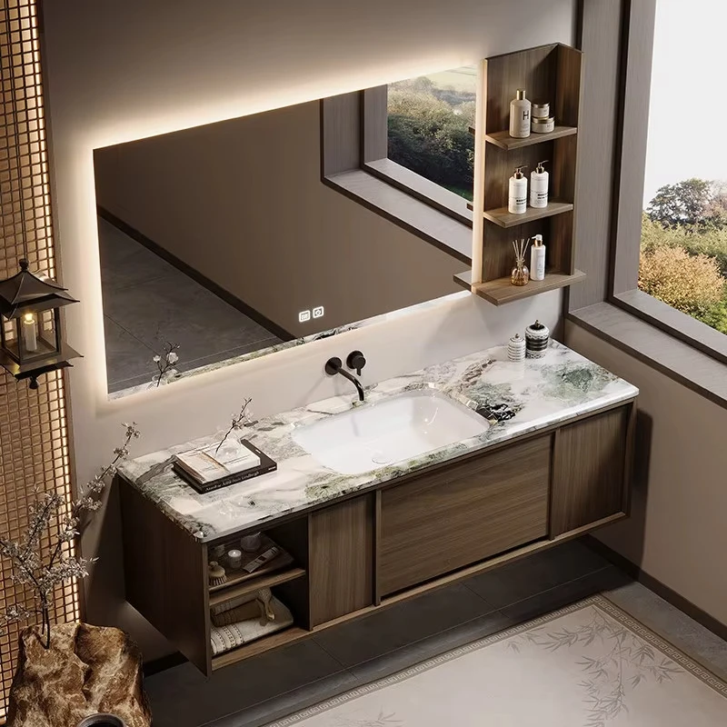 Vintage Luxury Stone Medieval Style Paint-Free Bathroom Cabinet Set ENF Grade Marble Side Cabinet Washstand Smart Mirror